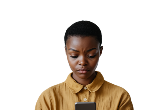 Isolated young black woman looks at phone. PNG with transparent background. Great for UI design, social media, or marketing.