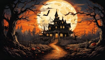 Haunted Halloween House Under Full Moon halloween background