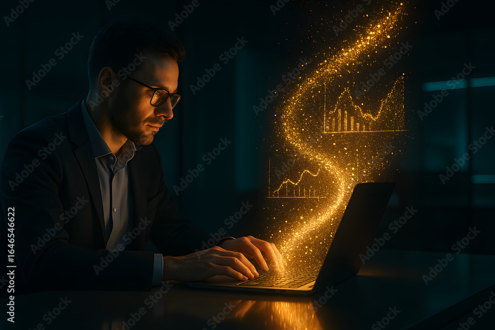 Poster data analyst at work: a focused professional engrossed in data analysis on a laptop. the image depic