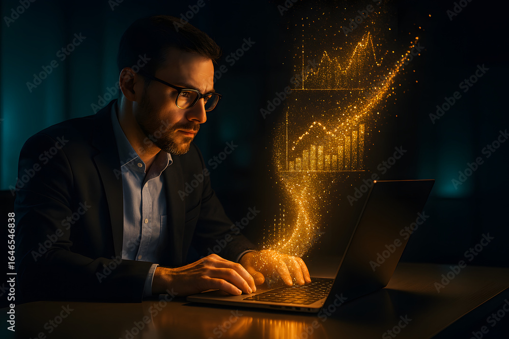 Poster analyzing the analytics: a focused individual, immersed in data analysis, navigates complex charts o
