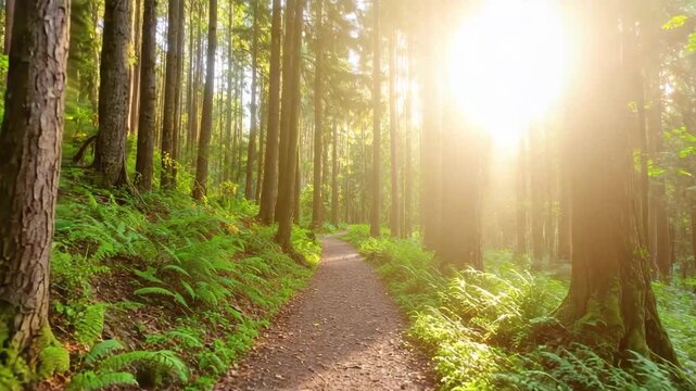 Walking slowly through a peaceful green forest path with sunlight filtering through trees in a calm and serene natural environment