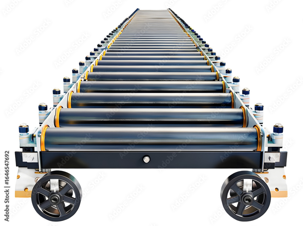 Poster conveyor belt system for efficient material handling in a warehouse, showcasing streamlined logistic