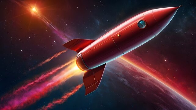 Vibrant, realistic digital illustration of a sleek red rocket flying through deep space, leaving a colorful glowing trail of exhaust.
