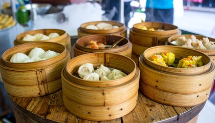Dim sum in bamboo steamer