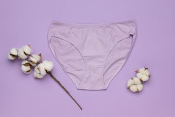 Lilac Cotton Underwear with Cotton Flowers on Pastel Background