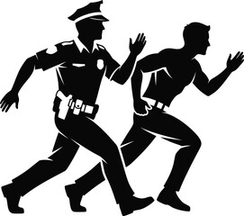 Silhouette of a police officer chasing a criminal, depicting law enforcement, pursuit, and urgency of crime prevention