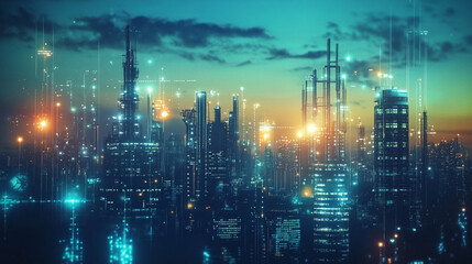 Futuristic city skyline at night glowing buildings and digital connections