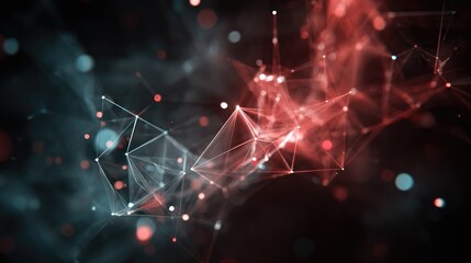 Abstract network of interconnected points and lines in teal and crimson