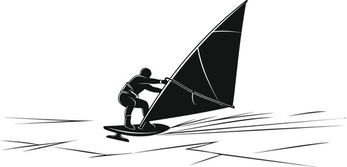 Silhouette of a windsurfer riding waves, an extreme water sport with wind power and skill a summer adventure for recreation and fun