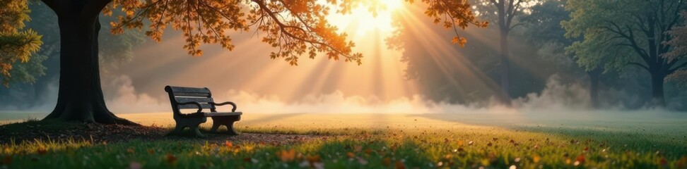 A deserted bench in a tranquil park, morning mist, nature, dawn, quiet