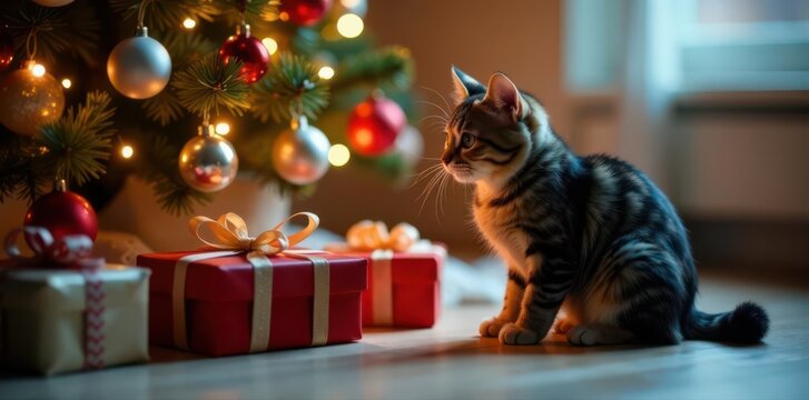 A cute cat investigates stylish Christmas gifts by a sparkling tree , cat, pet, decorations