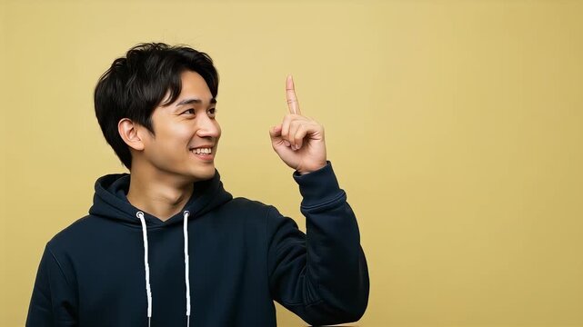 上部に向けた指を見つめる、パーカーを着た若い男性