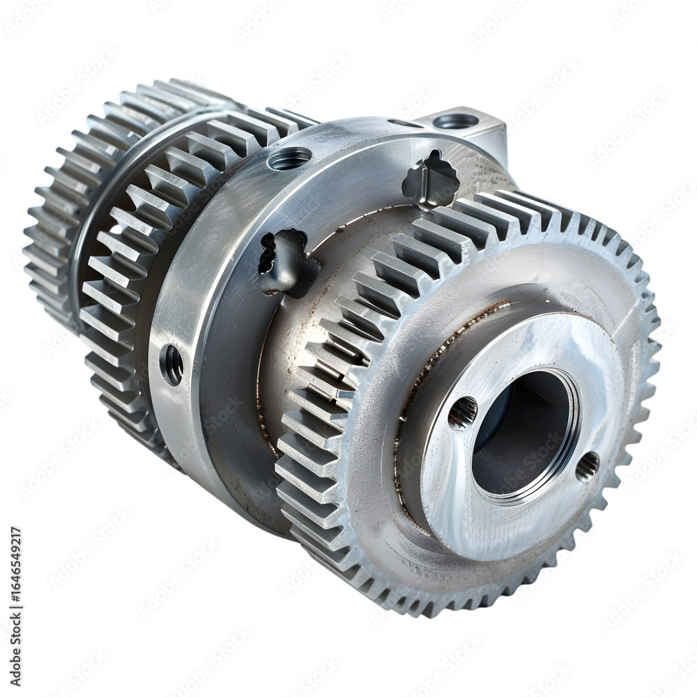 Poster close-up view of a precision-engineered metal gear assembly showcasing intricate design and function