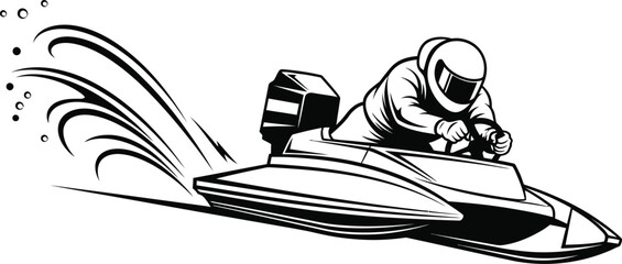 Illustration of a powerboat racing at high speed water, showcasing thrill of extreme sports and marine transportation