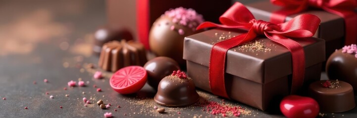Artisanal chocolates arranged with ribboned gifts , artisan, handmade