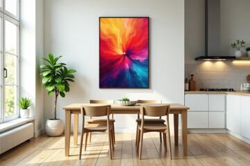 Bright kitchen interior, wooden dining table, artistic poster above, decor, warm