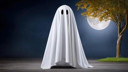 A translucent ghost hovering near an old oak tree, moonlight casting long shadows, copy space in the upper half