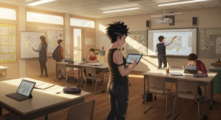 Classroom scene with students using tablets