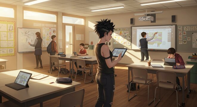 Classroom scene with students using tablets