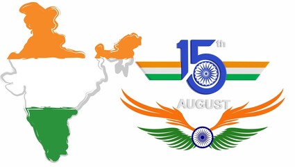 Indian map and independence day graphic with tricolor flag and ashoka chakra on white background isolated