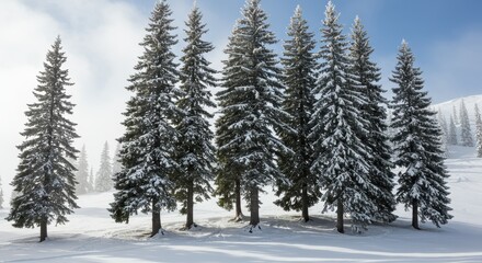 Snow-covered evergreens stand tall on a serene mountain slope blanketed in winter's snowscape nature