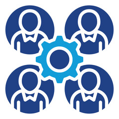 Connected Workforce Glyph Blue Silhouette Icon Design Vector - Four businesspeople in circles connected by a central gear, symbolizing networking, workflow, and integrated teamwork