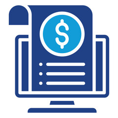 Digital Billing Glyph Blue Silhouette Icon Design Vector - Computer screen with invoice and dollar symbol, showing digital billing and electronic statements