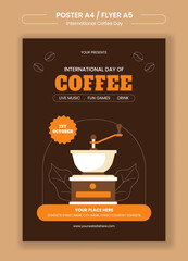 International Coffee Day Flyer Design with Hand-Drawn Coffee Elements in Flat Style Background