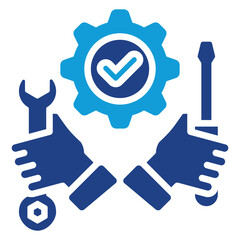 Maintenance Check Glyph Blue Silhouette Icon Design Vector - Two crossed hands holding a wrench and screwdriver under a gear with a check mark, representing repair, service, and quality assurance