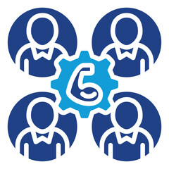 Team Collaboration Glyph Blue Silhouette Icon Design Vector - Four businesspeople in circles connected by a central gear with a letter “G,” representing group work, coordination, and shared goals