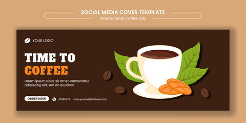 Flat Cartoon Hand-Drawn Social Media Cover Celebrating International Coffee Day with Coffee Cup