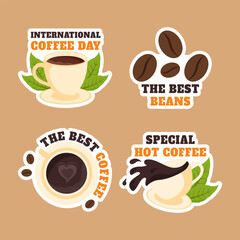 International Coffee Day Label with Coffee Beans and Cup in Hand-Drawn Flat Cartoon Background