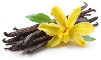 Dark brown vanilla pods, vibrant yellow flower, fresh green leaves