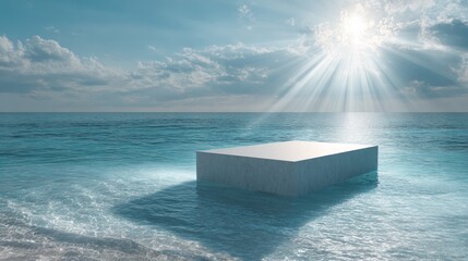 Platform in ocean, sunbeams pierce clouds