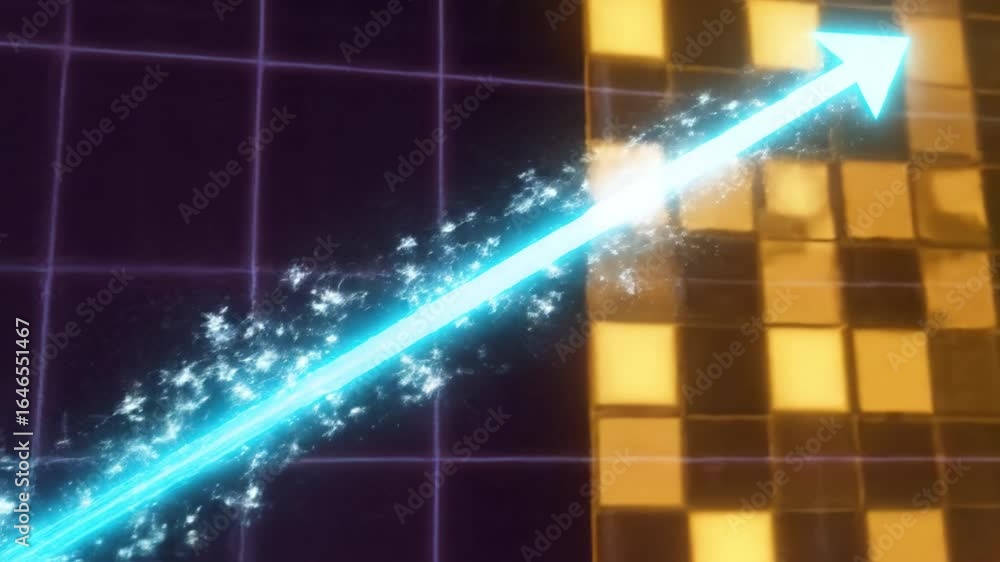 Poster glowing blue arrow with sparkling trail symbolizing upward movement, progress, and growth on dark gr