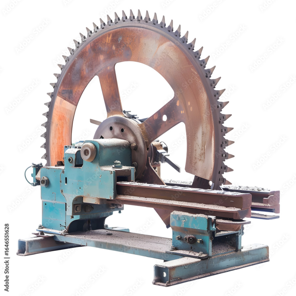 Poster industrial circular saw machine with large blade, showcasing precision engineering in a workshop set