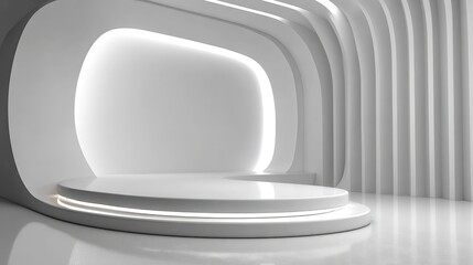 White futuristic stage with illuminated backdrop and platform