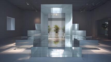 Room with layered glass structure reflecting a potted plant