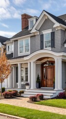 Gray house with portico and brown door
