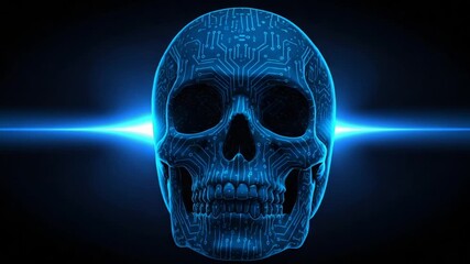 Futuristic blue skull with circuit patterns glowing