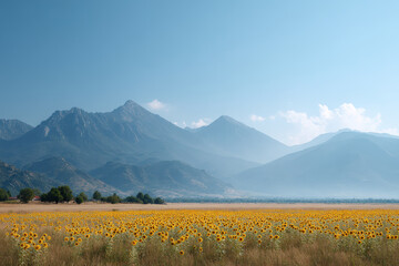 Fototapeta premium field of ultrabright sunflowers stretches under clear blue sky without any human presence