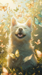 A hyper-realistic, full-body image of a white furry dog facing the camera directly. 