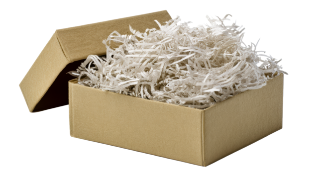 Open cardboard box filled with white shredded paper for protection, cut out transparent