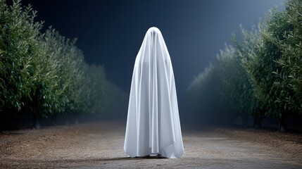 A ghostly figure drifting through a moonlit orchard, glowing apples, copy space on the right