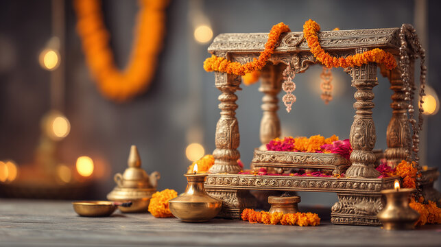 Beautifully Decorated Temple Swing with Marigold Garlands for Lord Krishna on Gita Jayanti Celebration