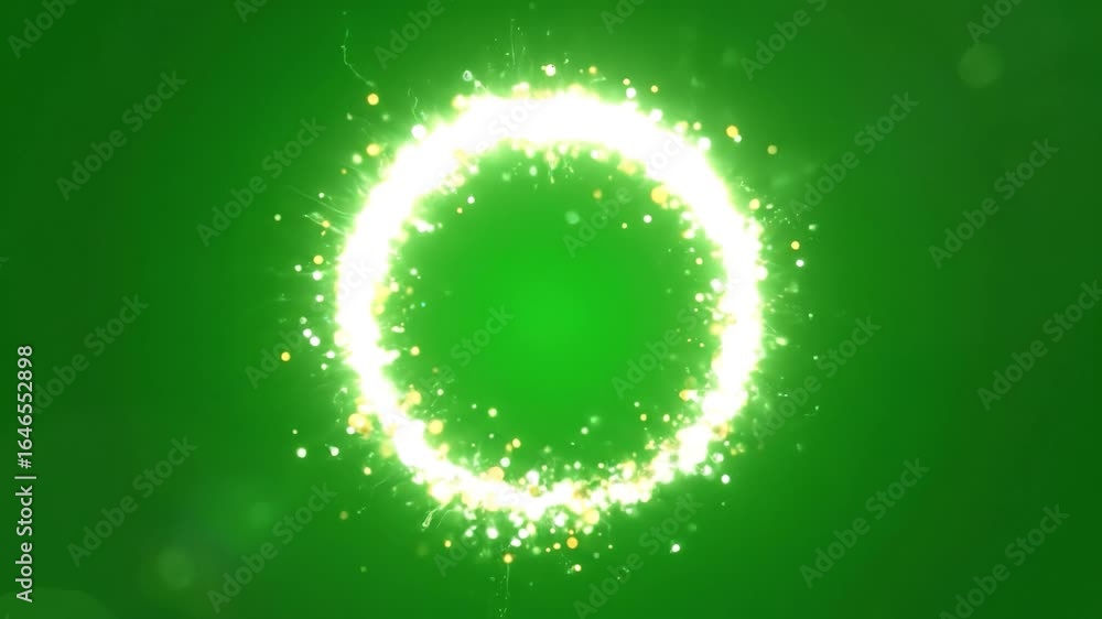 Poster glowing green circular light effect with sparkling particles and vibrant energy motion creating dyna