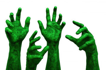 Four reaching green zombie hands isolated on transparent background represent halloween, horror, or spooky themes