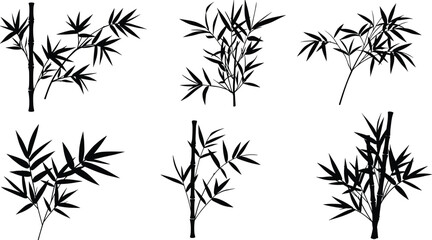 Naklejka premium Elegant black bamboo silhouette illustrations, tropical plant branches, Asian style nature design, isolated vector set, minimalist botanical art