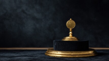 Golden emblem atop black pedestal, rich, moody light