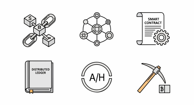 Blockchain, Cryptocurrency & Smart Contract Technology Icons Set. Digital Ledger, Crypto Mining & Network Symbols.